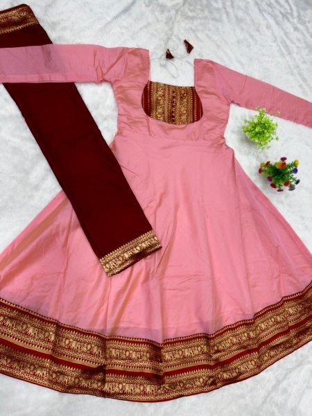 Ergonomic Pink Cotton Chanderi Anarkali Gown with Jacquard Silk Border at Wholesale  Anarkali Kurtis 