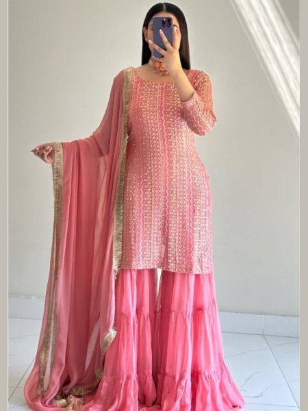 Ergonomic Pink Designer Embroidered Georgette Palazzo Suit for Festive Celebrations 