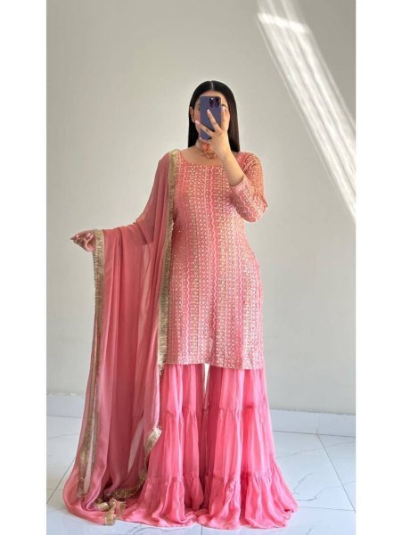 Ergonomic Pink Designer Embroidered Georgette Palazzo Suit for Festive Celebrations Ready To Wear Collection