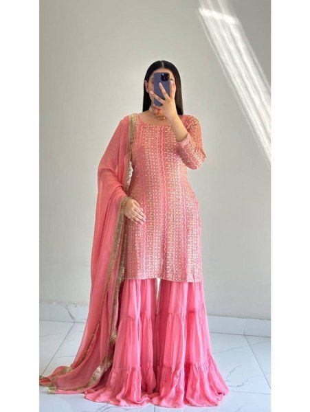 Ergonomic Pink Designer Embroidered Georgette Palazzo Suit for Festive Celebrations Ready To Wear Collection