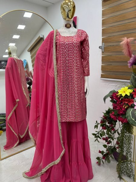 Ergonomic Pink Designer Embroidered Georgette Palazzo Suit for Festive Celebrations Ready To Wear Collection