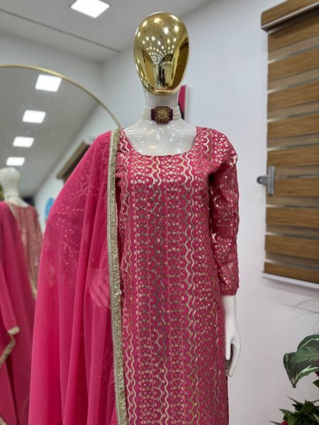 Ergonomic Pink Designer Embroidered Georgette Palazzo Suit for Festive Celebrations Ready To Wear Collection