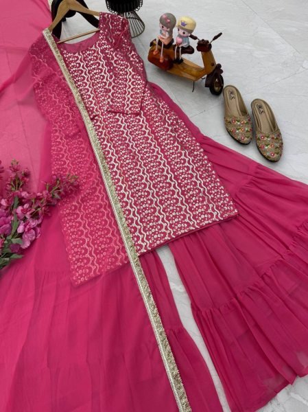 Ergonomic Pink Designer Embroidered Georgette Palazzo Suit for Festive Celebrations Ready To Wear Collection