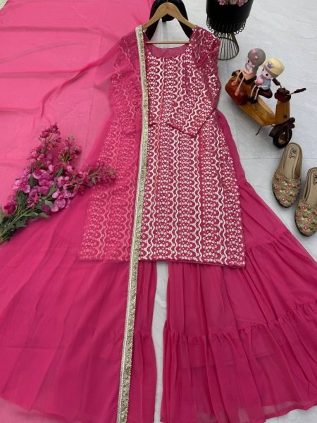 Ergonomic Pink Designer Embroidered Georgette Palazzo Suit for Festive Celebrations Ready To Wear Collection