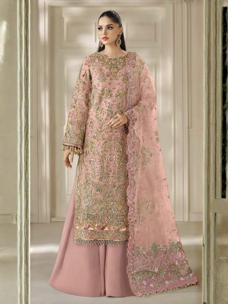 Ergonomic Pink Designer Maria B Chiffon Suit with Heavy Embroidered Dupatta Salwar Kameez