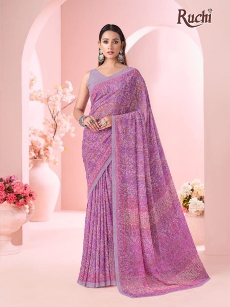 Ergonomic Purple Premium Georgette Printed Saree with Matching Blouse At Wholesale
