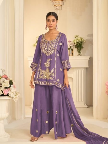 Ergonomic Purple Cosmos Silk Sharara Set with Real Mirror and Sequins Handwork 