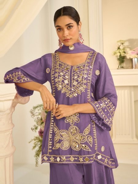 Ergonomic Purple Cosmos Silk Sharara Set with Real Mirror and Sequins Handwork Designer Plazzo Salwar Suits Wholesale