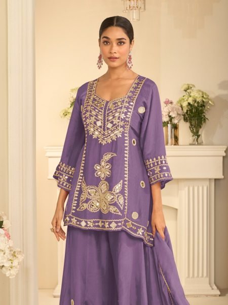 Ergonomic Purple Cosmos Silk Sharara Set with Real Mirror and Sequins Handwork Designer Plazzo Salwar Suits Wholesale
