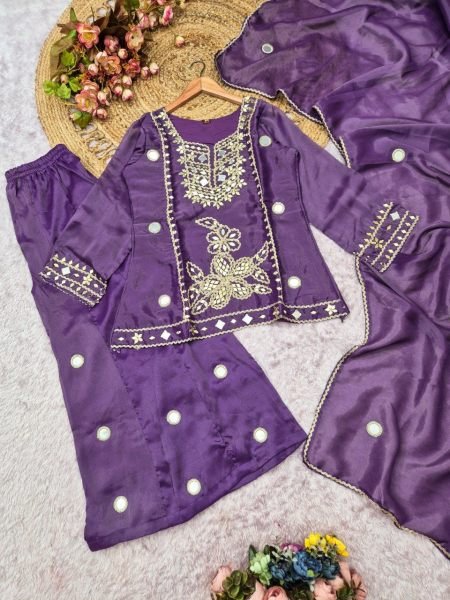 Ergonomic Purple Cosmos Silk Sharara Set with Real Mirror and Sequins Handwork Designer Plazzo Salwar Suits Wholesale