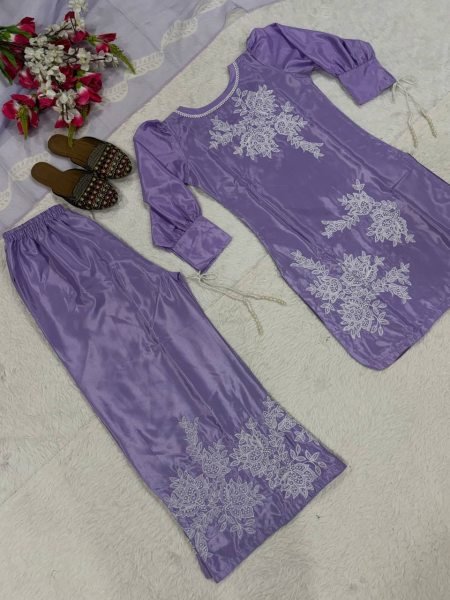 Ergonomic Purple Fully Stitched Neutral Crepe Top Palazzo Set with Digital Print Dupatta Ready To Wear Collection