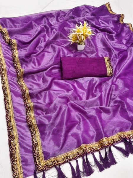 Ergonomic Purple Soft Net and Twill Tissue Saree with Designer Embroidery Lace Net Sarees Wholesale