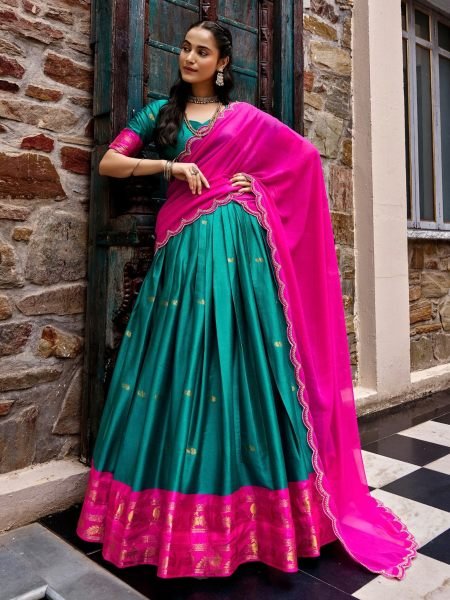 Ergonomic Rama Designer Cotton Silk Lehenga with Zari Weaving Work Border at Wholesale Rate 