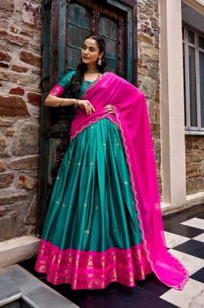 Ergonomic Rama Designer Cotton Silk Lehenga with Zari Weaving Work Border at Wholesale Rate Half Saree Lehenga
