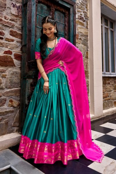 Ergonomic Rama Designer Cotton Silk Lehenga with Zari Weaving Work Border at Wholesale Rate Half Saree Lehenga