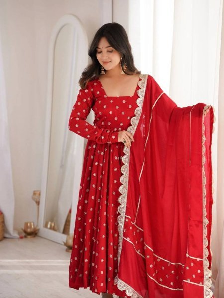 Ergonomic Red Chinon Silk Anarkali Suit And Fancy Lace Of Duptta For Party Wear Ready To Wear Suit