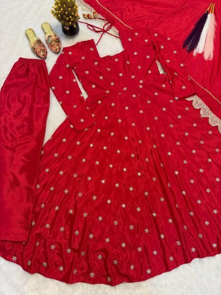 Ergonomic Red Chinon Silk Anarkali Suit And Fancy Lace Of Duptta For Party Wear Ready To Wear Collection