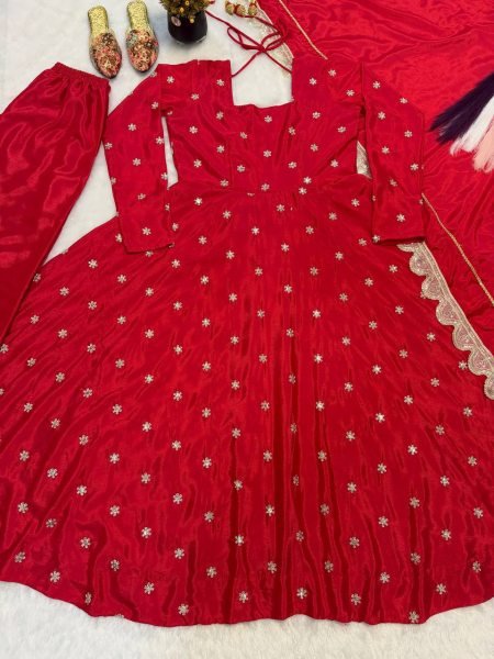 Ergonomic Red Chinon Silk Anarkali Suit And Fancy Lace Of Duptta For Party Wear Ready To Wear Collection