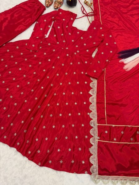 Ergonomic Red Chinon Silk Anarkali Suit And Fancy Lace Of Duptta For Party Wear Ready To Wear Collection