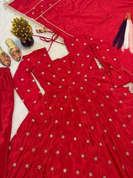 Ergonomic Red Chinon Silk Anarkali Suit And Fancy Lace Of Duptta For Party Wear Ready To Wear Collection
