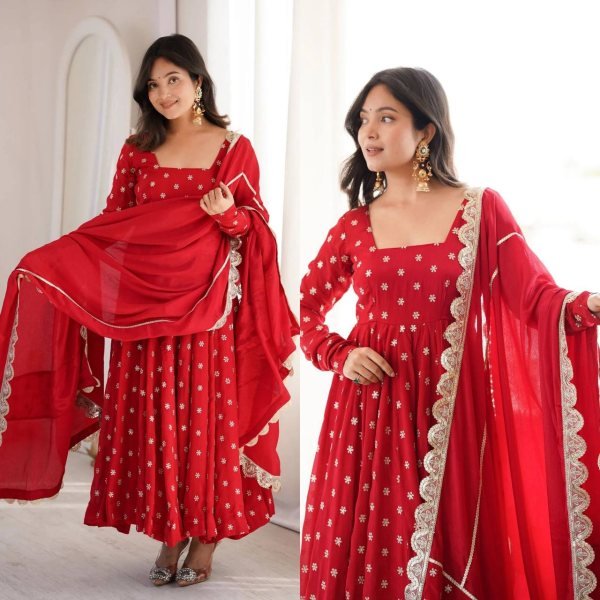 Ergonomic Red Chinon Silk Anarkali Suit And Fancy Lace Of Duptta For Party Wear Ready To Wear Collection