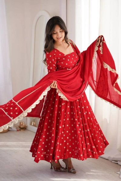Ergonomic Red Chinon Silk Anarkali Suit And Fancy Lace Of Duptta For Party Wear Ready To Wear Collection