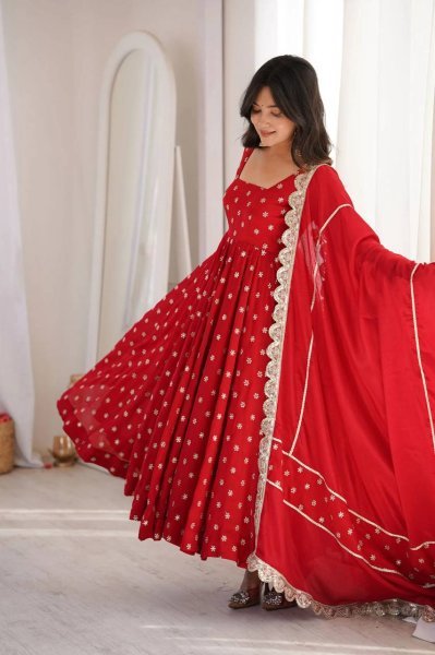 Ergonomic Red Chinon Silk Anarkali Suit And Fancy Lace Of Duptta For Party Wear Ready To Wear Collection