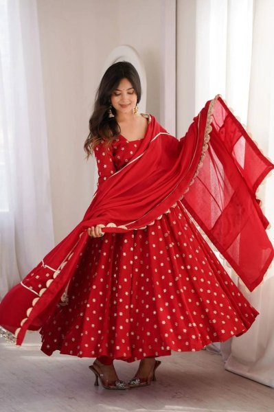 Ergonomic Red Chinon Silk Anarkali Suit And Fancy Lace Of Duptta For Party Wear Ready To Wear Collection