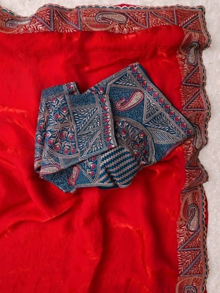 Ergonomic Red Fendy Satin Silk Saree with Rich Embroidery and Jharkhand Border 