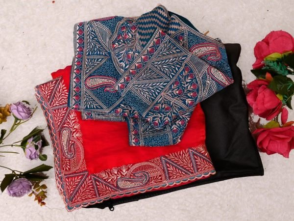 Ergonomic Red Fendy Satin Silk Saree with Rich Embroidery and Jharkhand Border Designer Wedding Sarees Wholesale