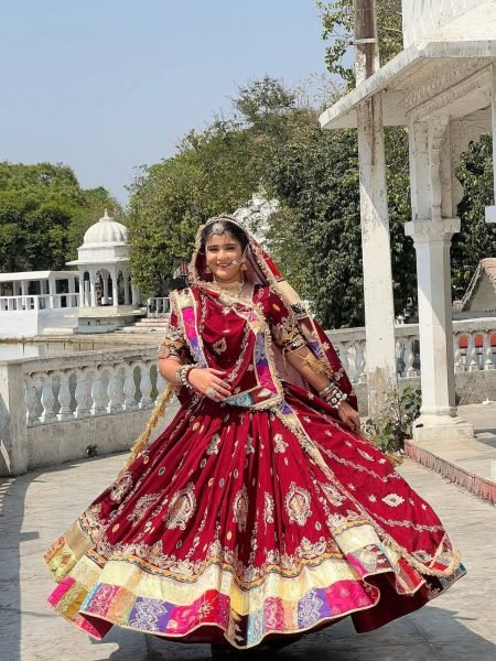 Ergonomic Red Stylish Digital Print Lehenga with Mirror Work and Gota Patti Detailing 