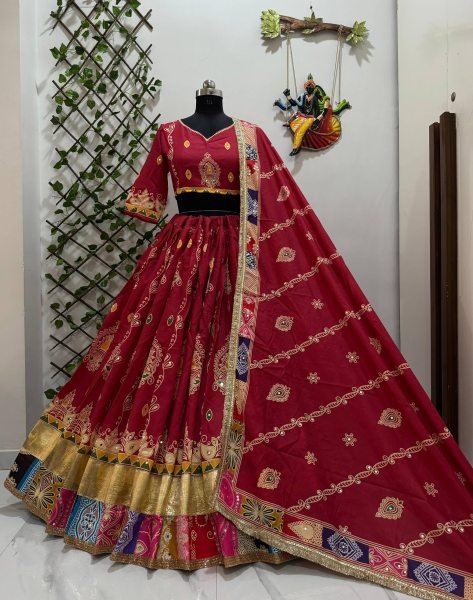 Ergonomic Red Stylish Digital Print Lehenga with Mirror Work and Gota Patti Detailing Navratri Lehnega Choli