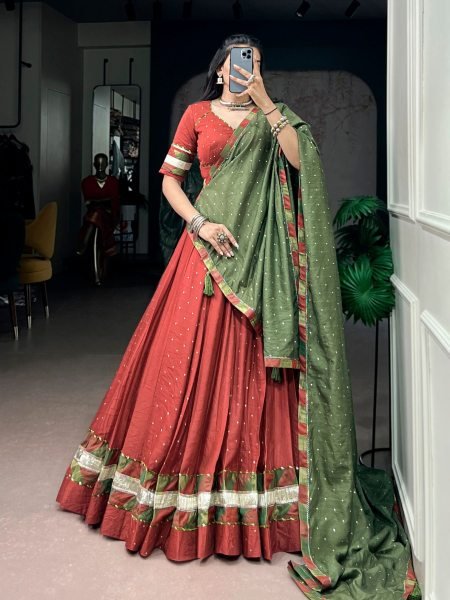 Ergonomic Rust Orange Women s Chanderi Lehenga Choli with Zari Weaving Butti For Navrati Night  Lehenga