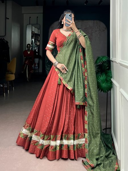 Ergonomic Rust Orange Women s Chanderi Lehenga Choli with Zari Weaving Butti For Navrati Night Navratri Lehnega Choli