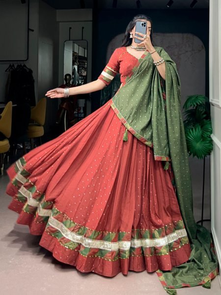 Ergonomic Rust Orange Women s Chanderi Lehenga Choli with Zari Weaving Butti For Navrati Night Navratri Lehnega Choli