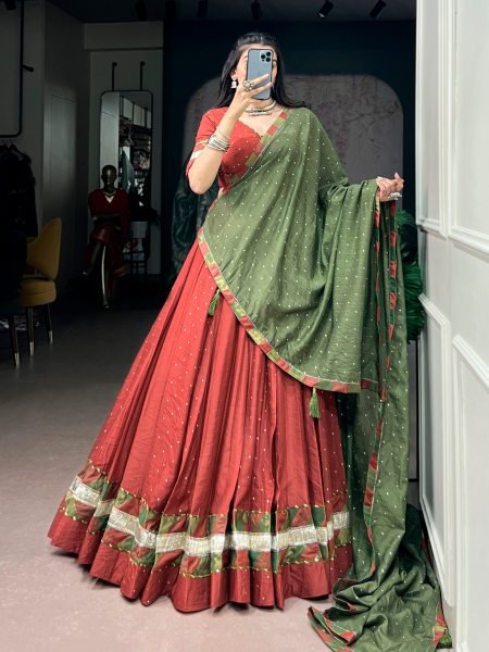 Ergonomic Rust Orange Women s Chanderi Lehenga Choli with Zari Weaving Butti For Navrati Night Navratri Lehnega Choli