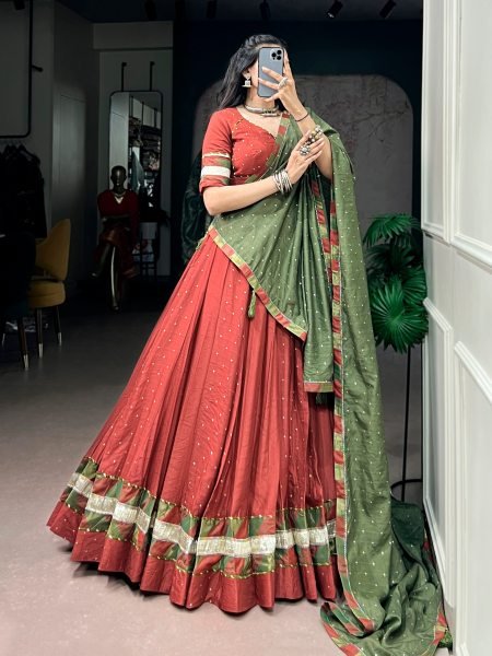Ergonomic Rust Orange Women s Chanderi Lehenga Choli with Zari Weaving Butti For Navrati Night Navratri Lehnega Choli
