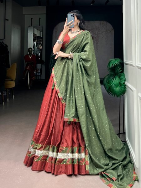 Ergonomic Rust Orange Women s Chanderi Lehenga Choli with Zari Weaving Butti For Navrati Night Navratri Lehnega Choli