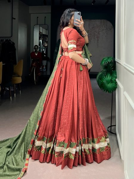 Ergonomic Rust Orange Women s Chanderi Lehenga Choli with Zari Weaving Butti For Navrati Night Navratri Lehnega Choli