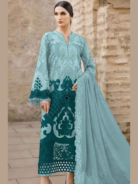 Ergonomic Sky Blue Premium Chiffon Khatli Work Palazzo Suit for Festive and Party Wear 