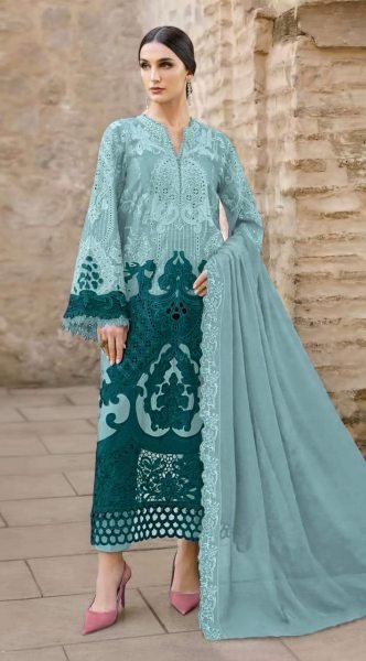 Ergonomic Sky Blue Premium Chiffon Khatli Work Palazzo Suit for Festive and Party Wear Pakistani Suits Wholesale