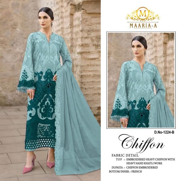 Ergonomic Sky Blue Premium Chiffon Khatli Work Palazzo Suit for Festive and Party Wear Pakistani Suits Wholesale