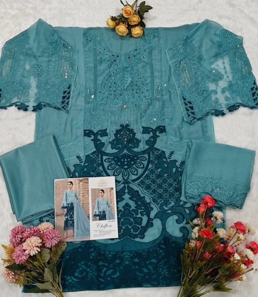 Ergonomic Sky Blue Premium Chiffon Khatli Work Palazzo Suit for Festive and Party Wear Pakistani Suits Wholesale