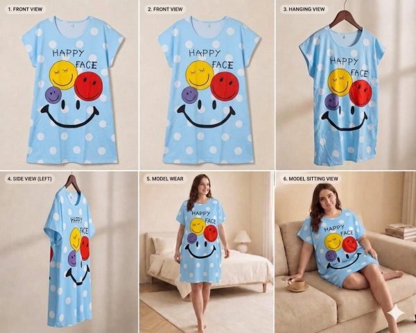 Ergonomic Sky Blue Relaxed Fit Nightdress for Ladies Comfortable Sleepwear Night Suit Wholesale