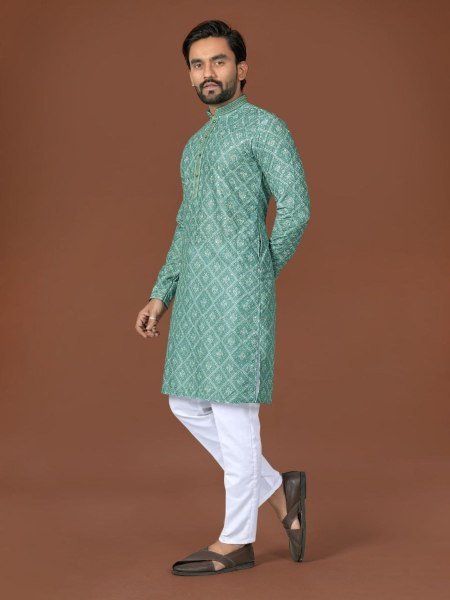 Ergonomic Teal Green Cotton Lucknowi Embroidered Kurta with Antique Buttons for Celebrations Mens Wear