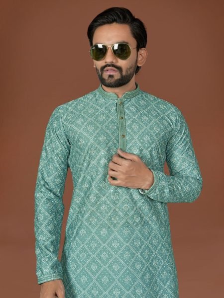 Ergonomic Teal Green Cotton Lucknowi Embroidered Kurta with Antique Buttons for Celebrations Kurta Pajama Wholesale