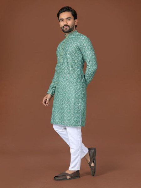 Ergonomic Teal Green Cotton Lucknowi Embroidered Kurta with Antique Buttons for Celebrations Kurta Pajama Wholesale