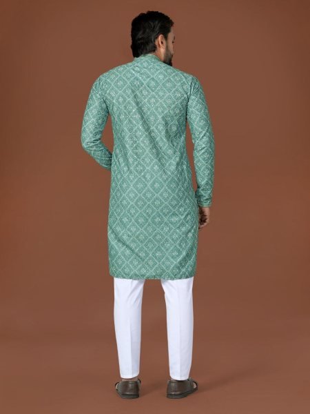 Ergonomic Teal Green Cotton Lucknowi Embroidered Kurta with Antique Buttons for Celebrations Kurta Pajama Wholesale