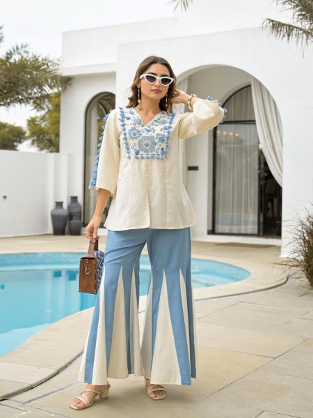 Ergonomic White blue Rayon Slub Short Kurti Palazzo Set with Embroidery Work Kurtis