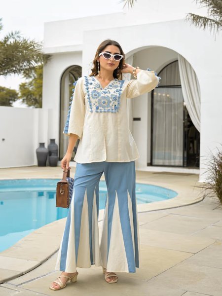 Ergonomic White blue Rayon Slub Short Kurti Palazzo Set with Embroidery Work CO ORD Sets